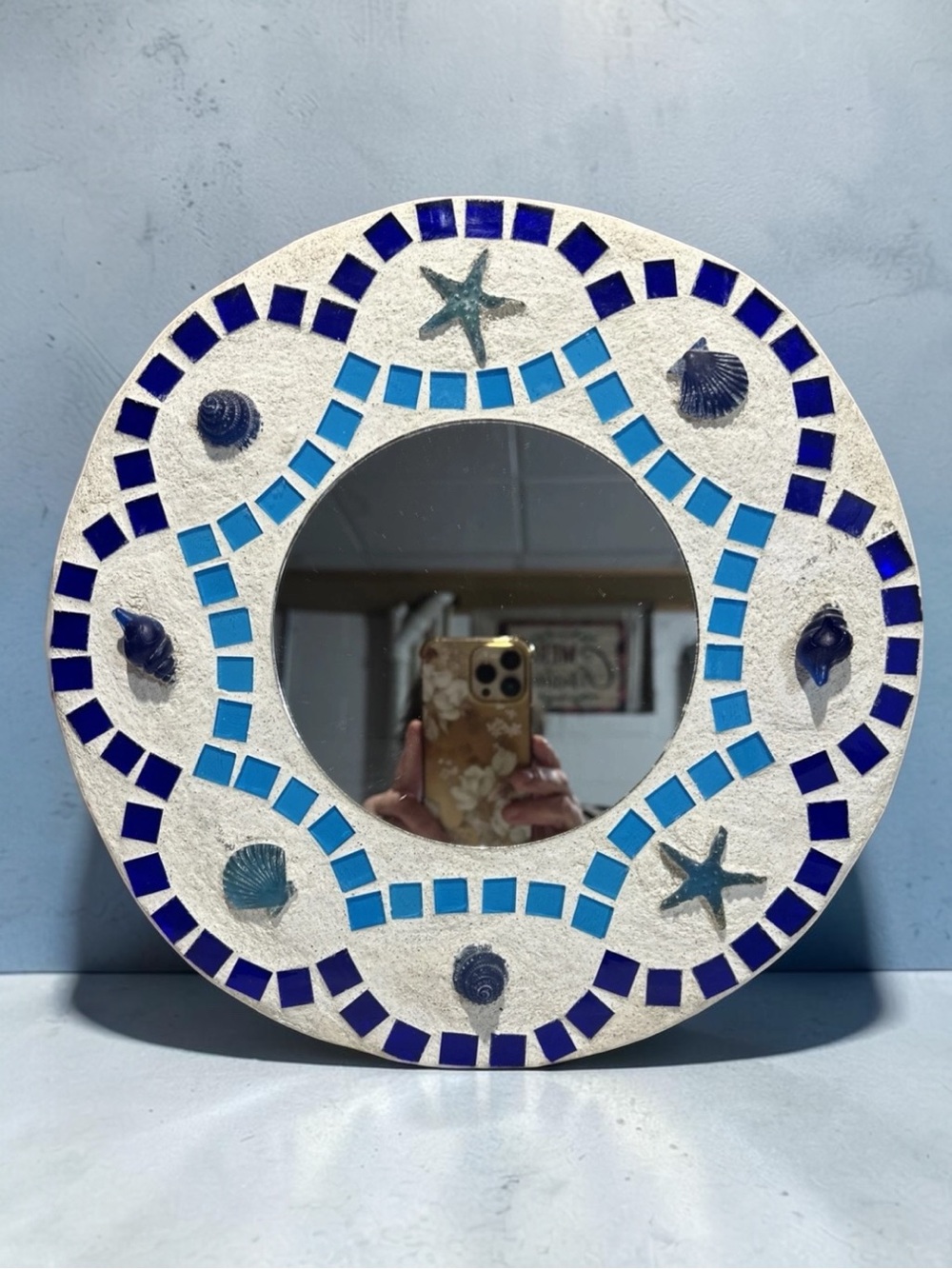Coastal Mosaic Mirror Seashell Starfish Blue Tile Beach Decor Round Wall Art 12”